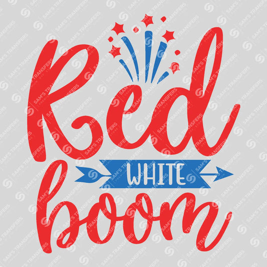 Apparel featuring a Red White Boom Banner-themed DTF transfer.
