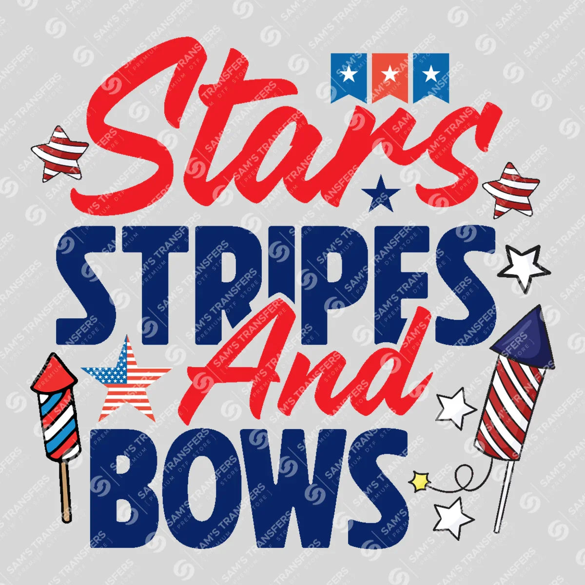 Apparel featuring a Stars Stripes and Bows-themed DTF transfer.