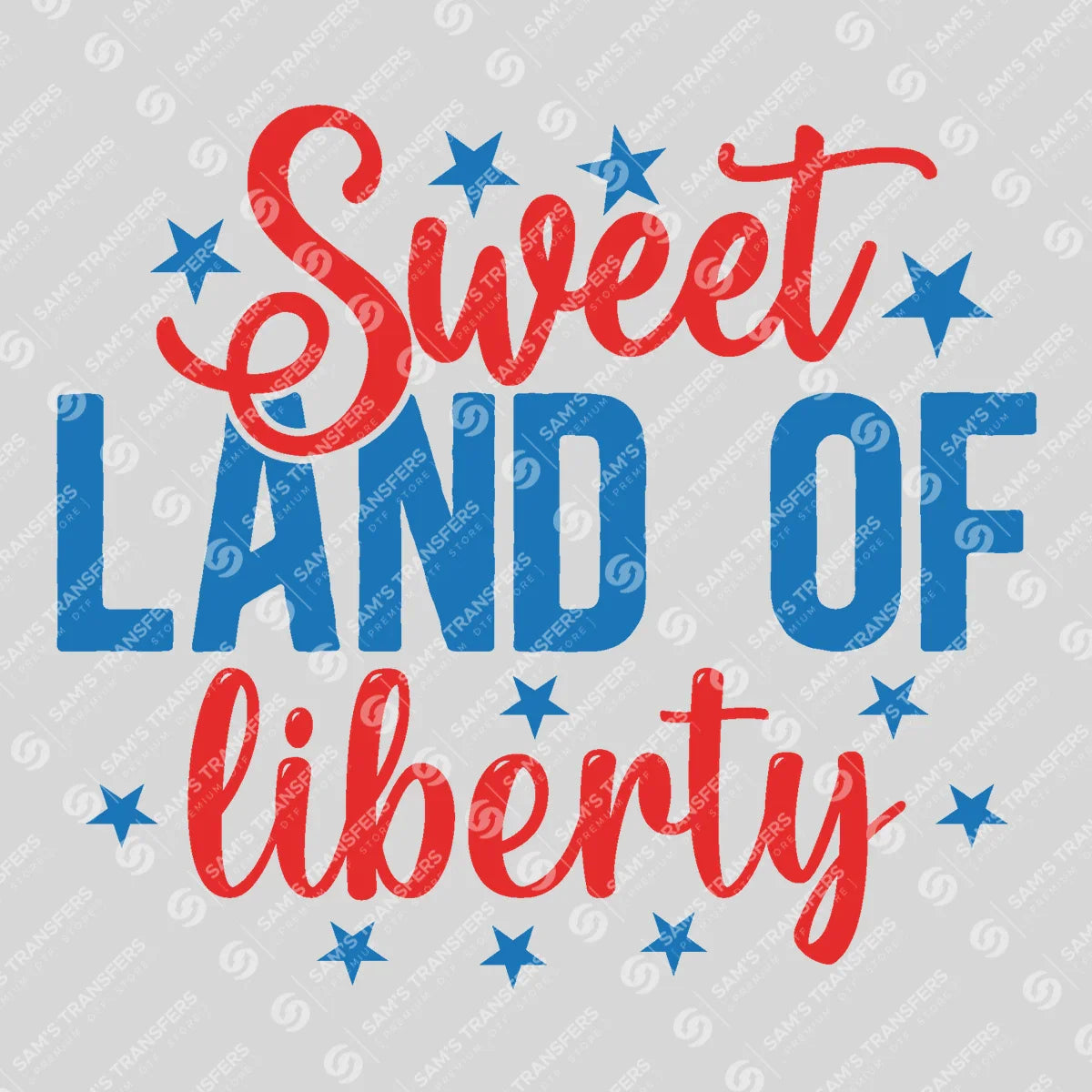 Apparel featuring a Sweet Land of Liberty Stars-themed DTF transfer.