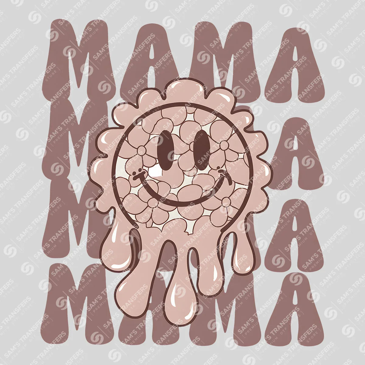 Apparel featuring a Mama Drippy Smiley-themed DTF transfer.