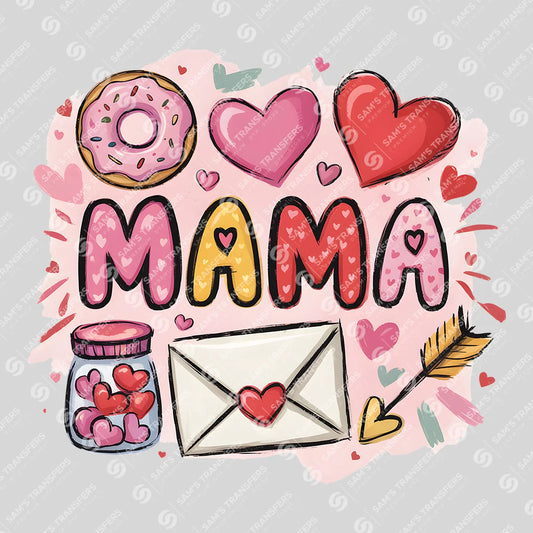 Apparel featuring a Mama Valentine Hearts-themed DTF transfer.