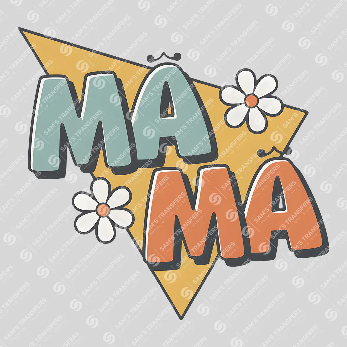 Apparel featuring a Mama Retro Daisy-themed DTF transfer.