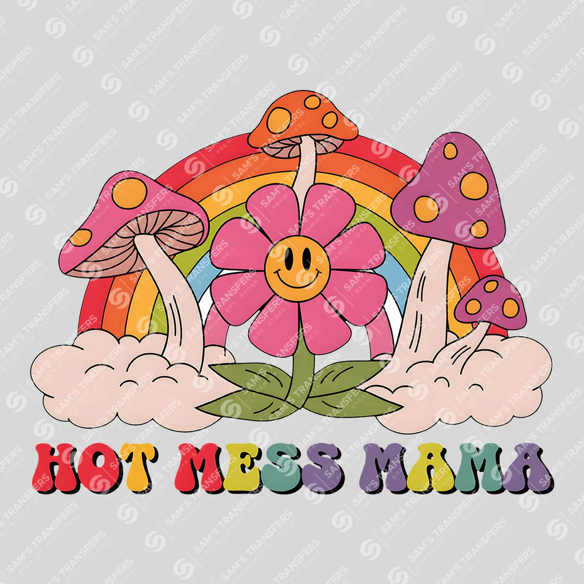 Apparel featuring a Hot Mess Mama Rainbow-themed DTF transfer.