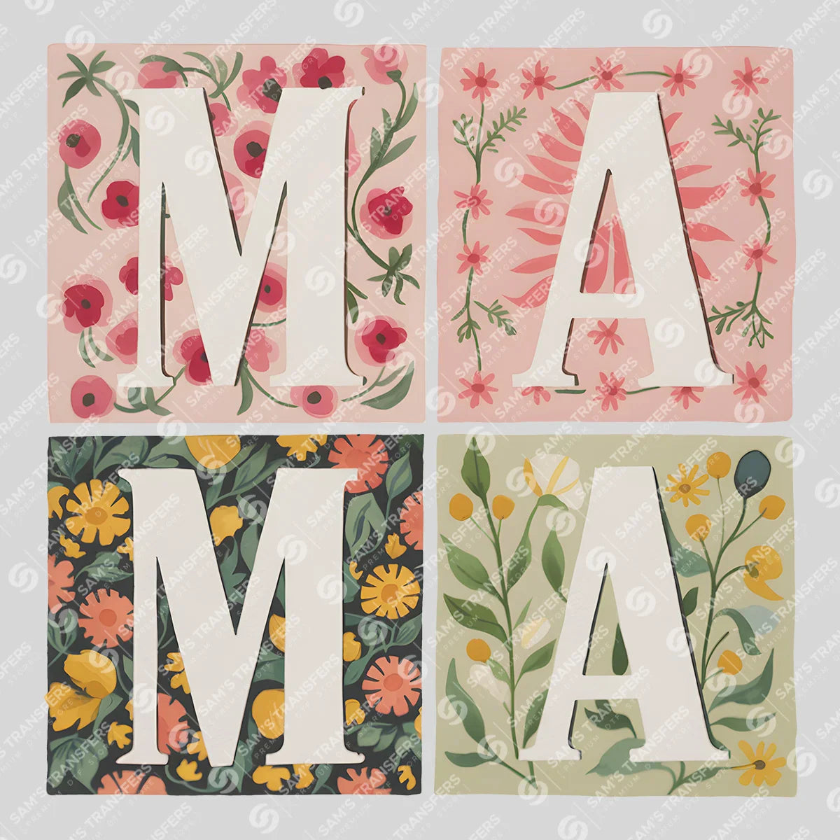 Apparel featuring a Mama Floral Tiles-themed DTF transfer.