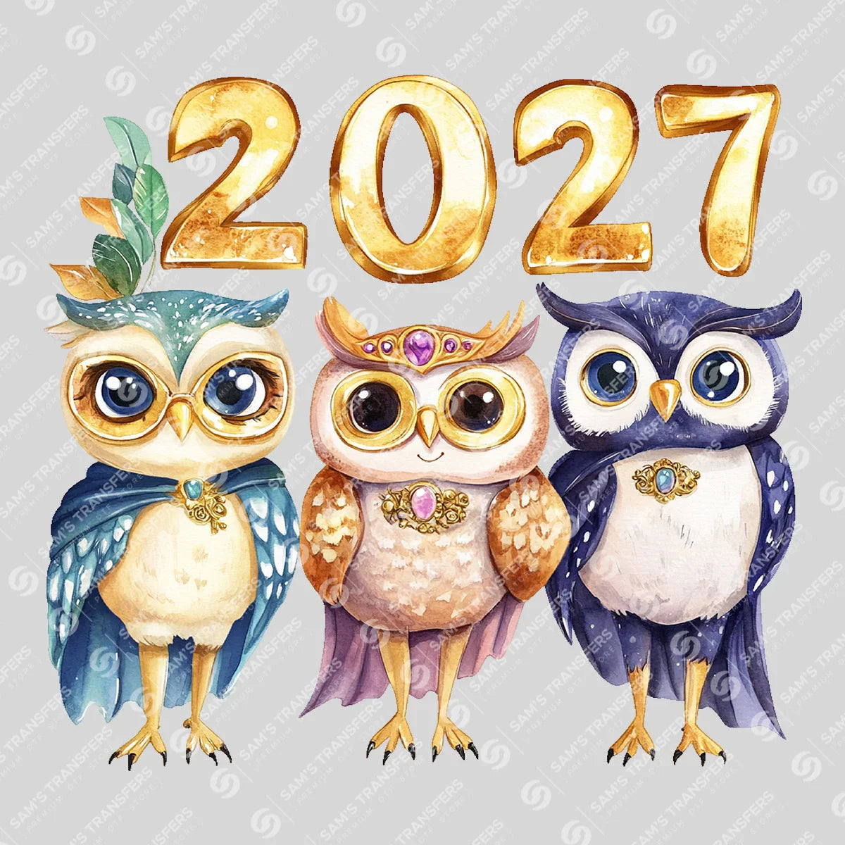 Apparel featuring a Happy 2027 Owls-themed DTF transfer.