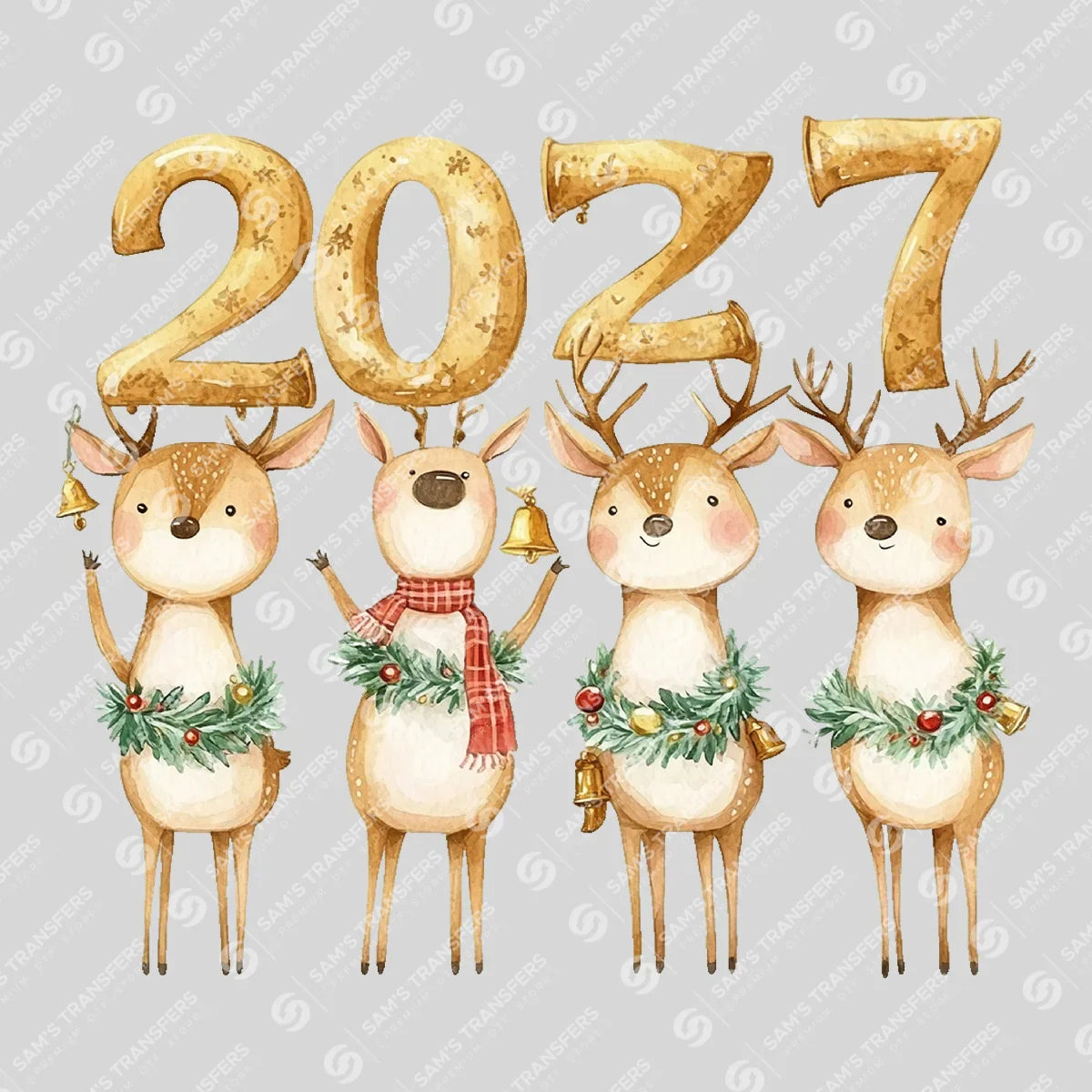 Apparel featuring a Happy 2027 Reindeer-themed DTF transfer.