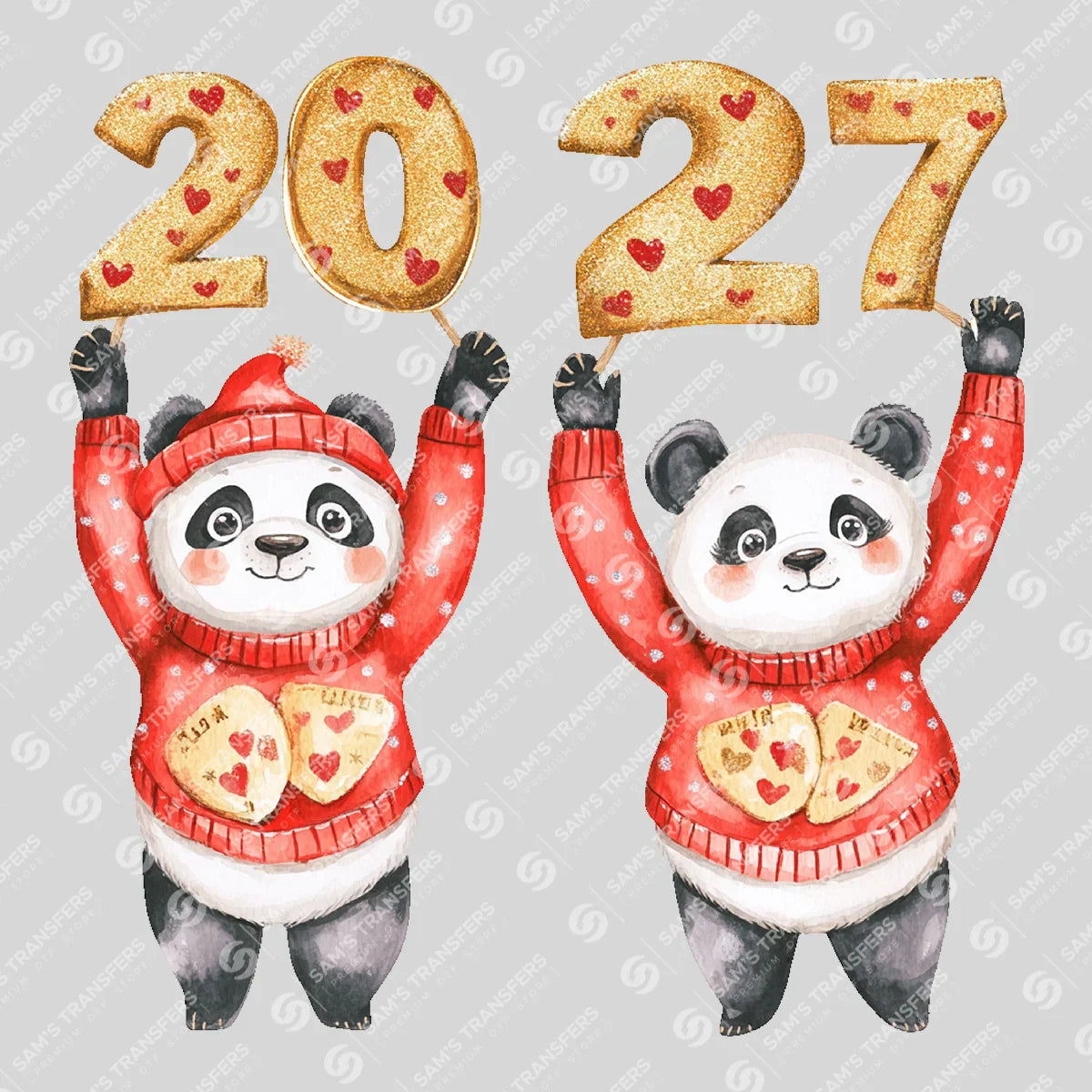 Apparel featuring a Happy 2027 Pandas-themed DTF transfer.