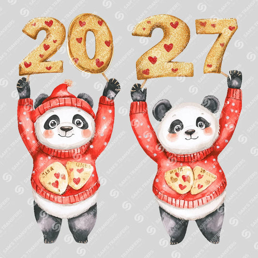 Apparel featuring a Happy 2027 Pandas-themed DTF transfer.