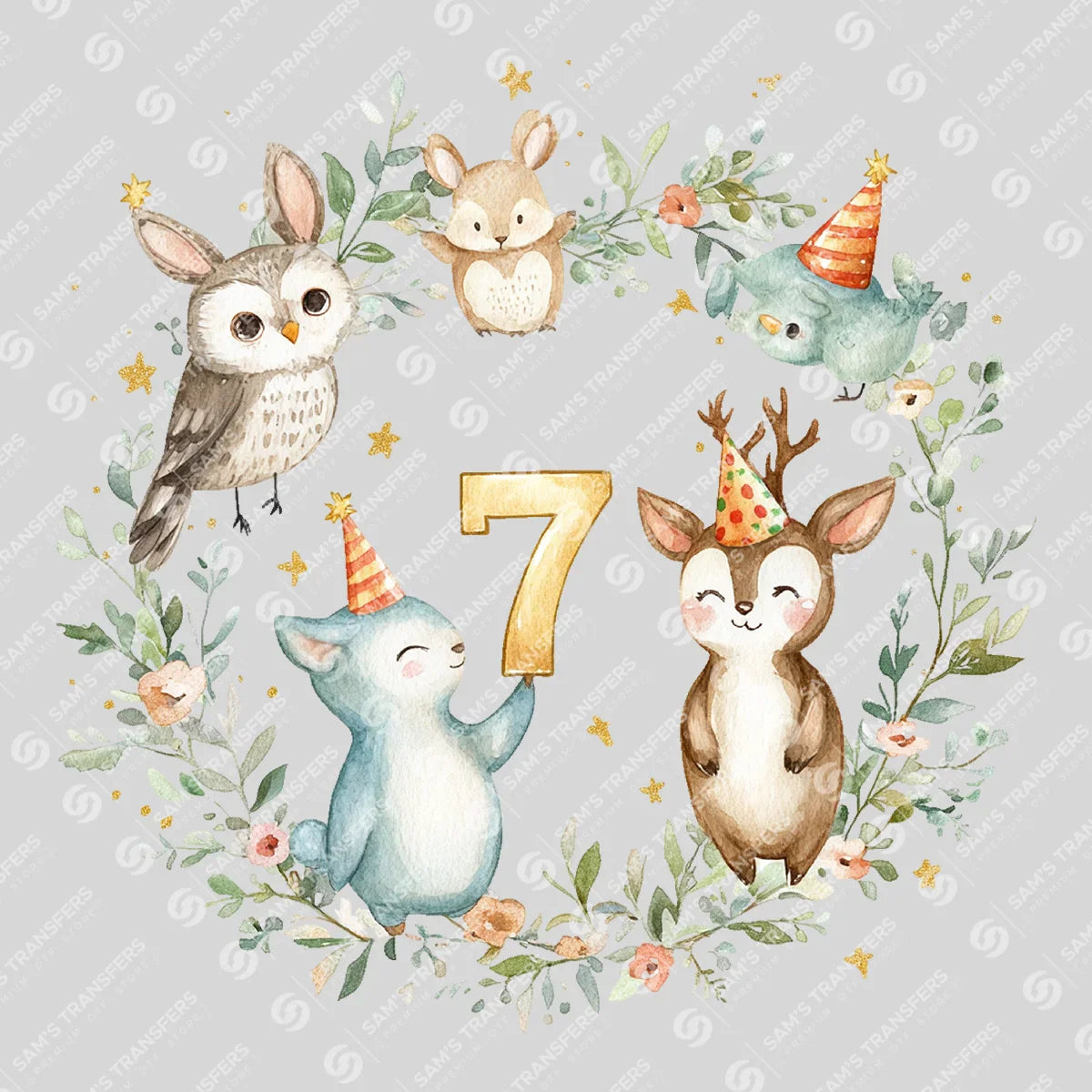 Apparel featuring a Happy 2027 Woodland Friends-themed DTF transfer.