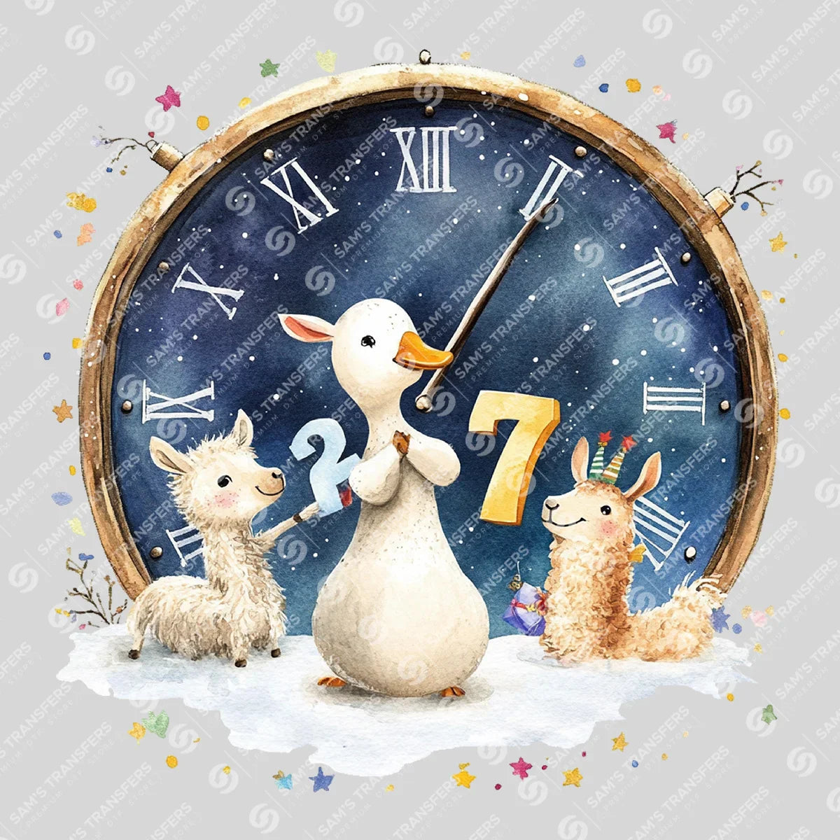 Apparel featuring a Happy 2027 Goose Clock-themed DTF transfer.