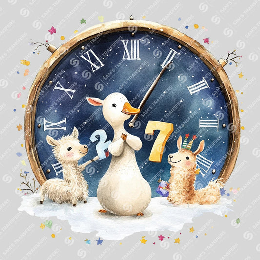 Apparel featuring a Happy 2027 Goose Clock-themed DTF transfer.