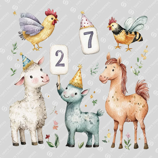 Apparel featuring a Happy 2027 Farm Animals-themed DTF transfer.