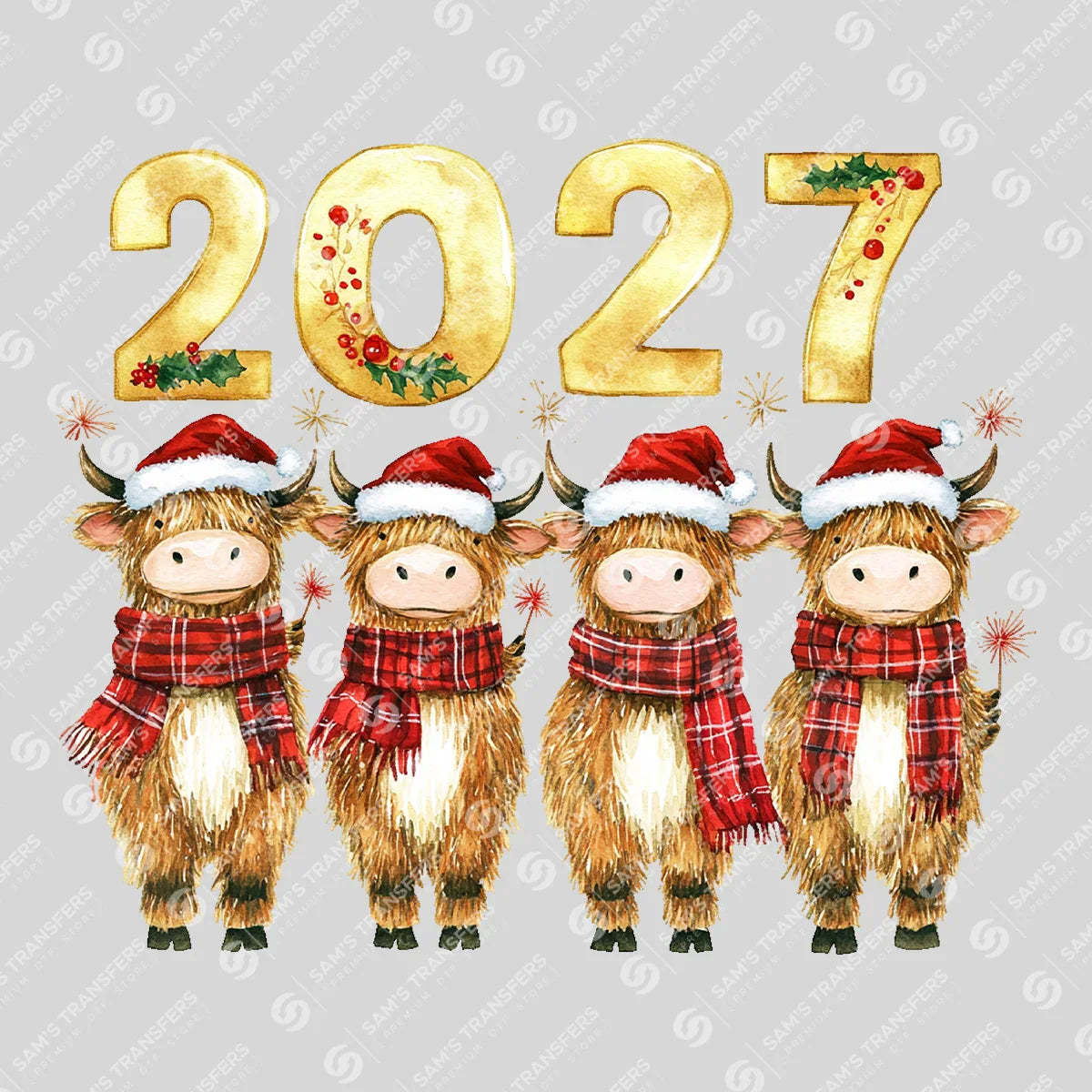 Apparel featuring a Happy 2027 Highland Cows-themed DTF transfer.