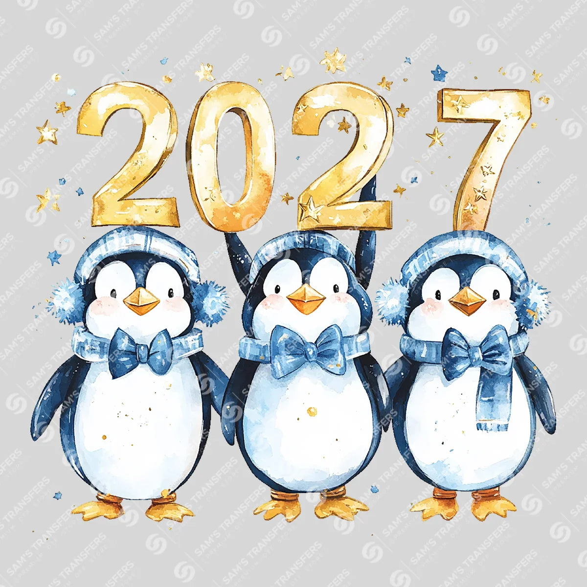 Apparel featuring a Happy 2027 Penguins Winter-themed DTF transfer.