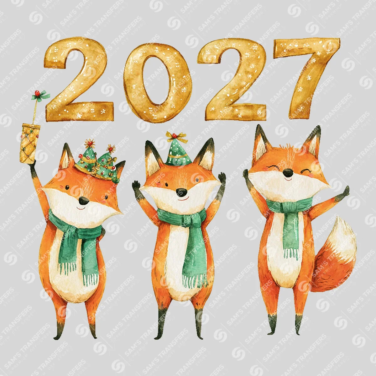 Apparel featuring a Happy 2027 Foxes Scarves-themed DTF transfer.