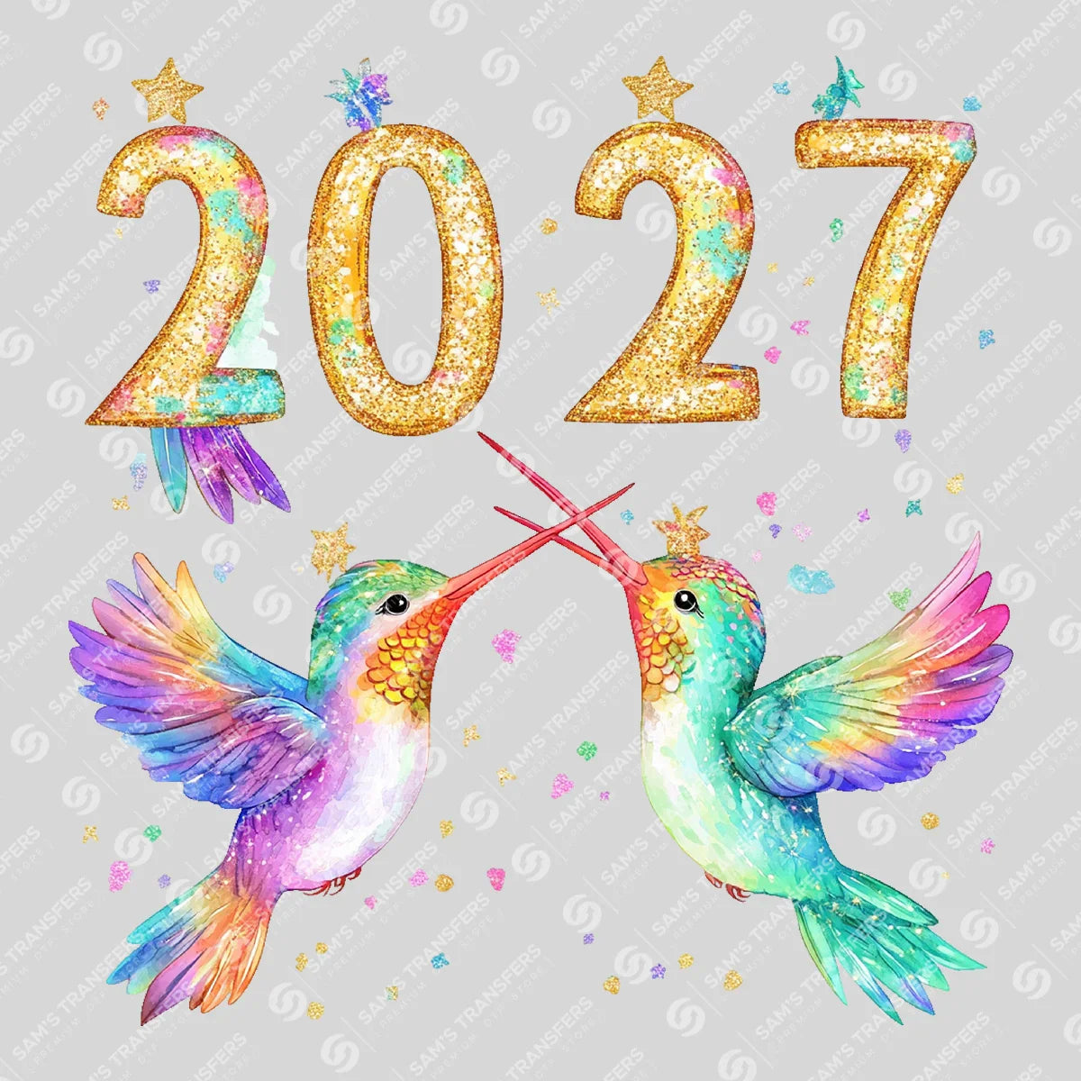 Apparel featuring a Happy 2027 Hummingbirds Rainbow-themed DTF transfer.