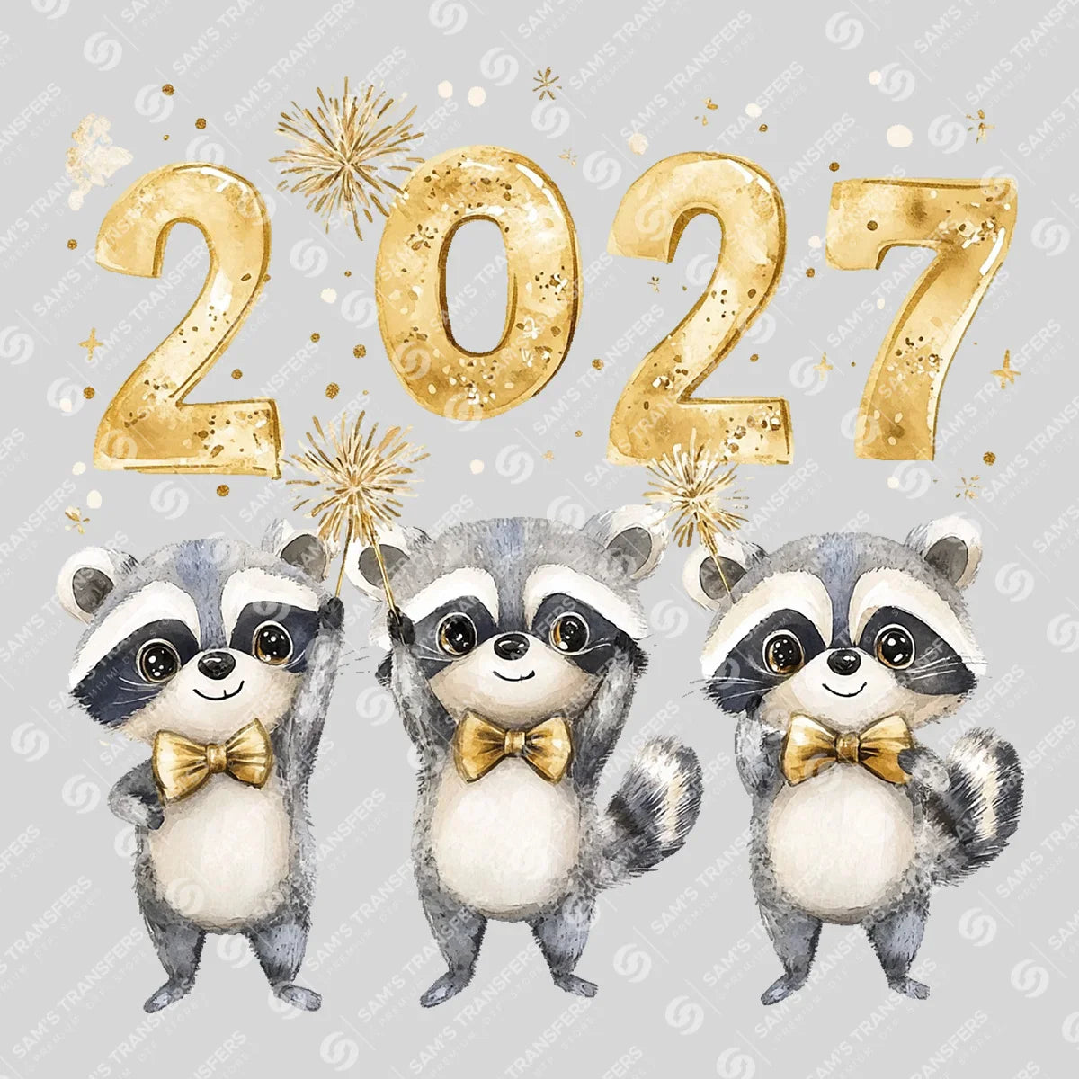 Apparel featuring a Happy 2027 Raccoons-themed DTF transfer.