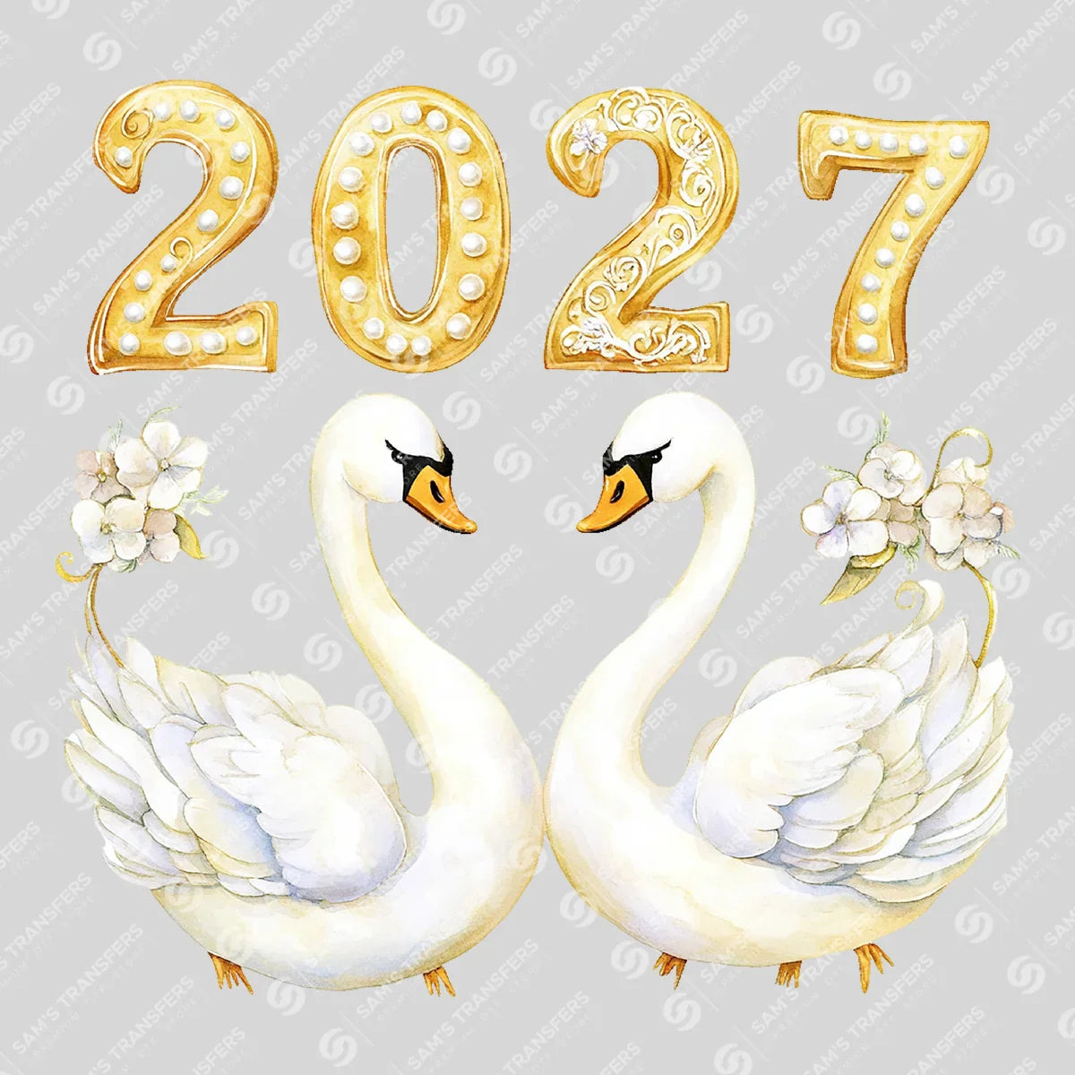 Apparel featuring a Happy 2027 Swans-themed DTF transfer.