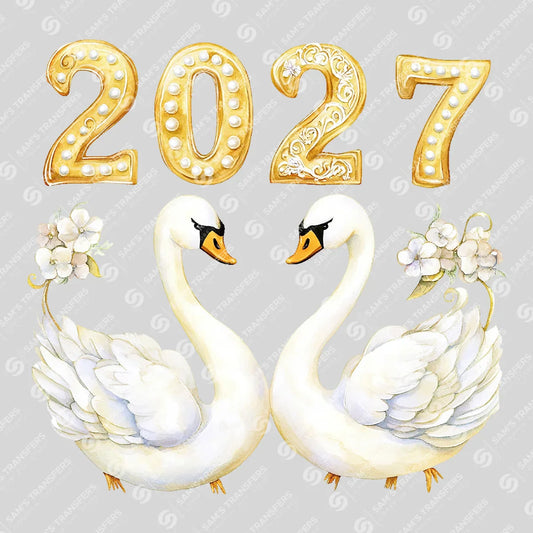 Apparel featuring a Happy 2027 Swans-themed DTF transfer.