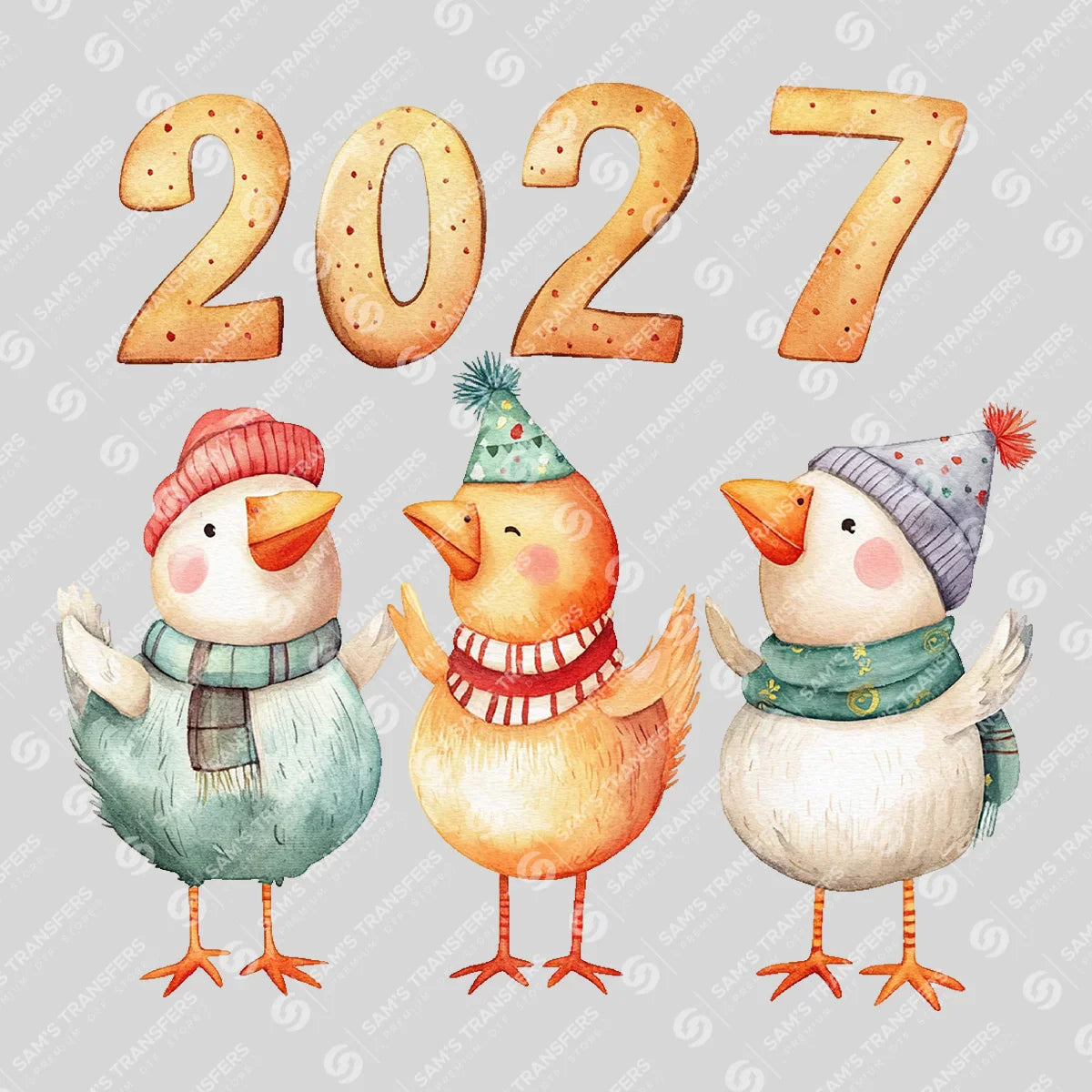 Apparel featuring a Happy 2027 Winter Birds-themed DTF transfer.