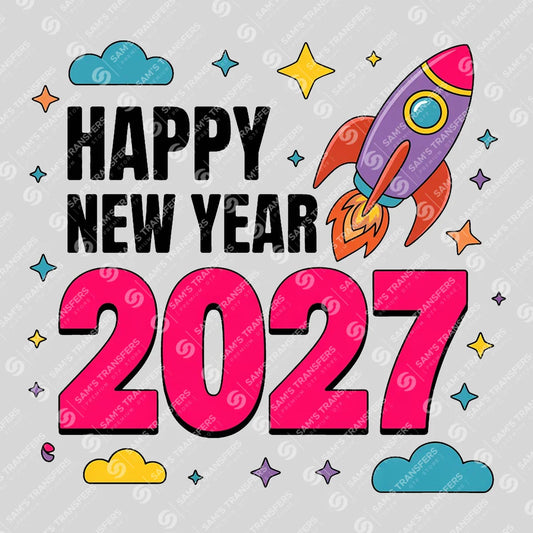 Apparel featuring a Happy New Year 2027 Rocket-themed DTF transfer.