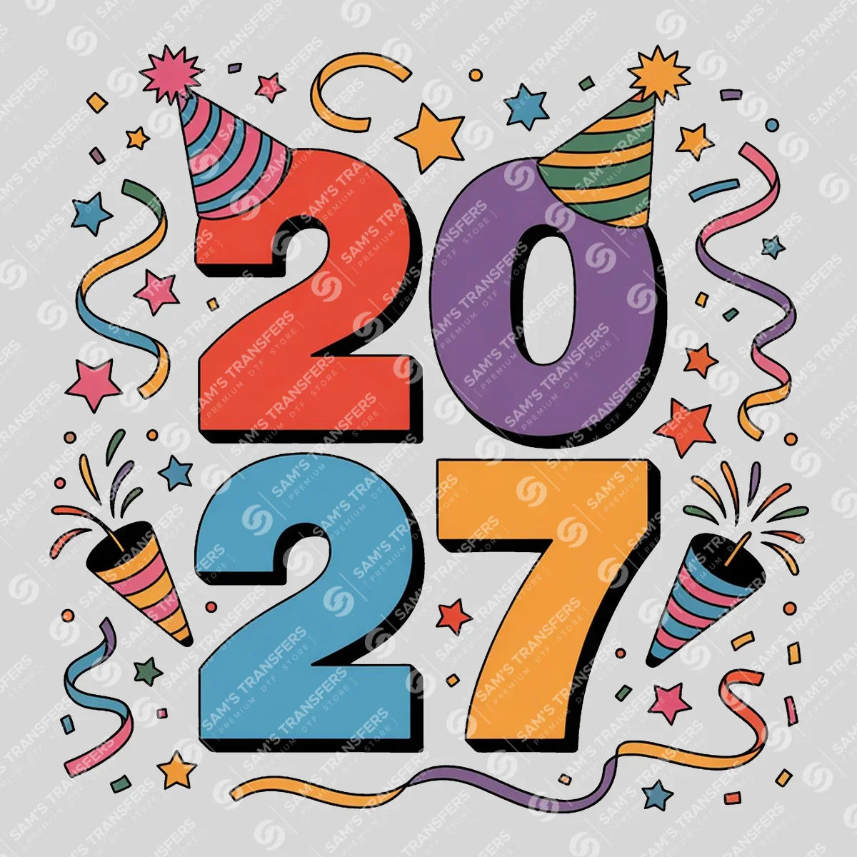 Apparel featuring a Happy New Year 2027 Party Hats-themed DTF transfer.
