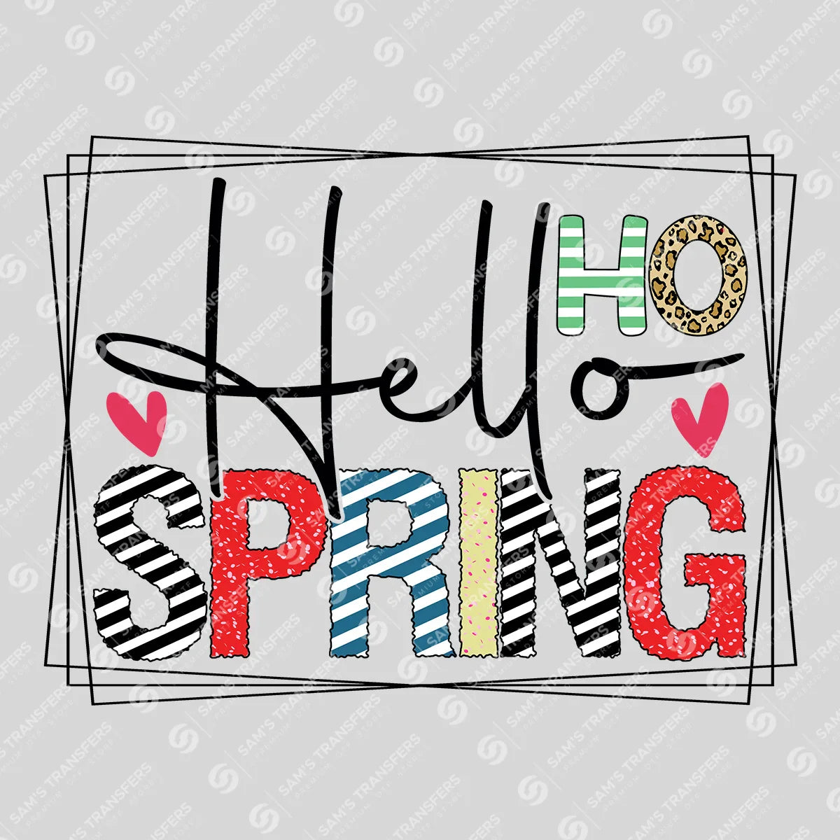 Apparel featuring a Hello Spring Doodle-themed DTF transfer.