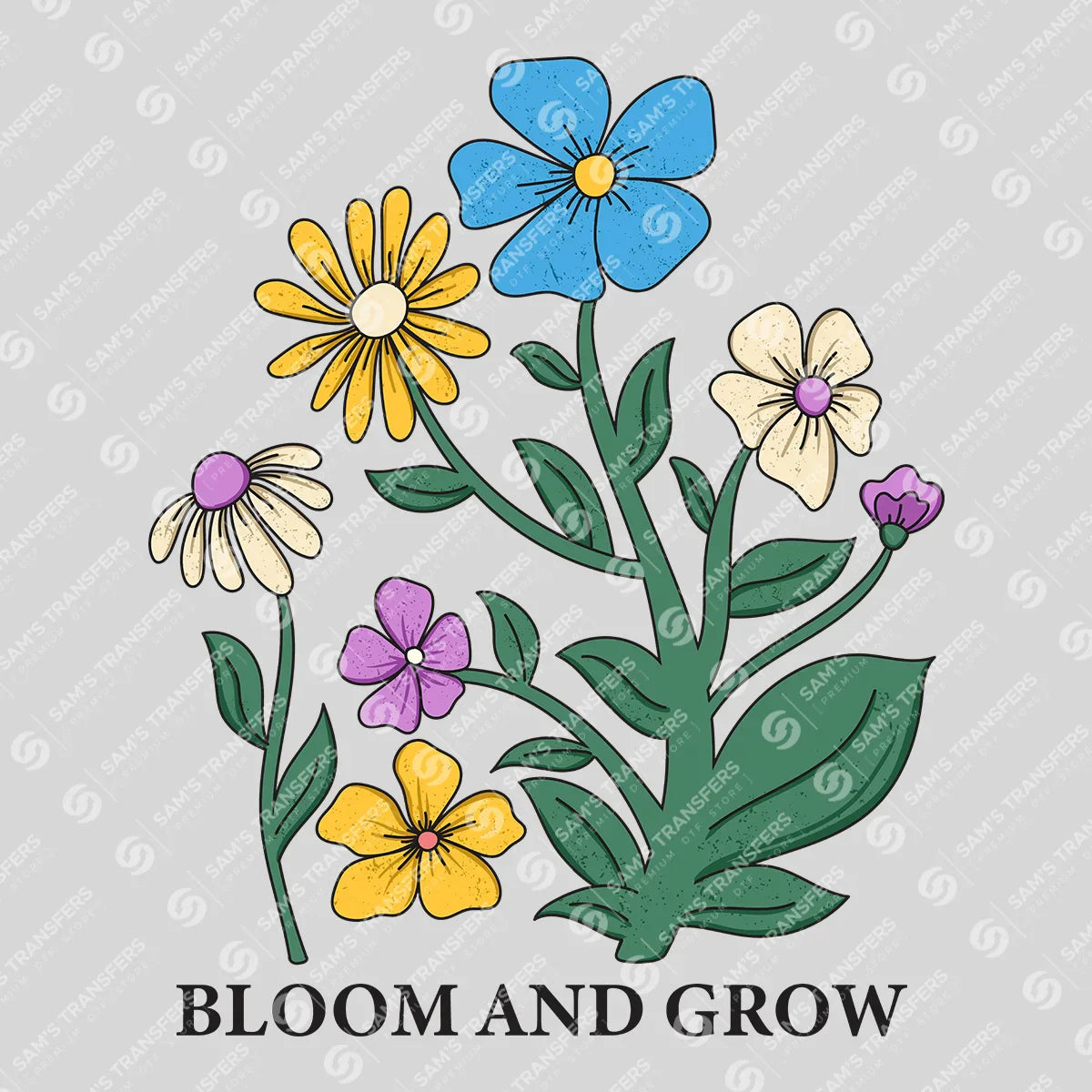 Apparel featuring a Bloom and Grow-themed DTF transfer.