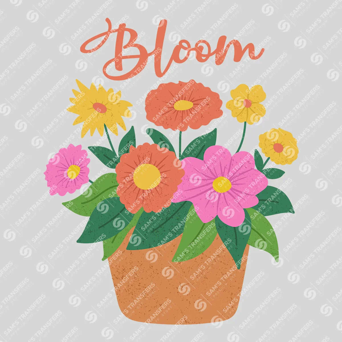 Apparel featuring a Bloom Flower Pot-themed DTF transfer.