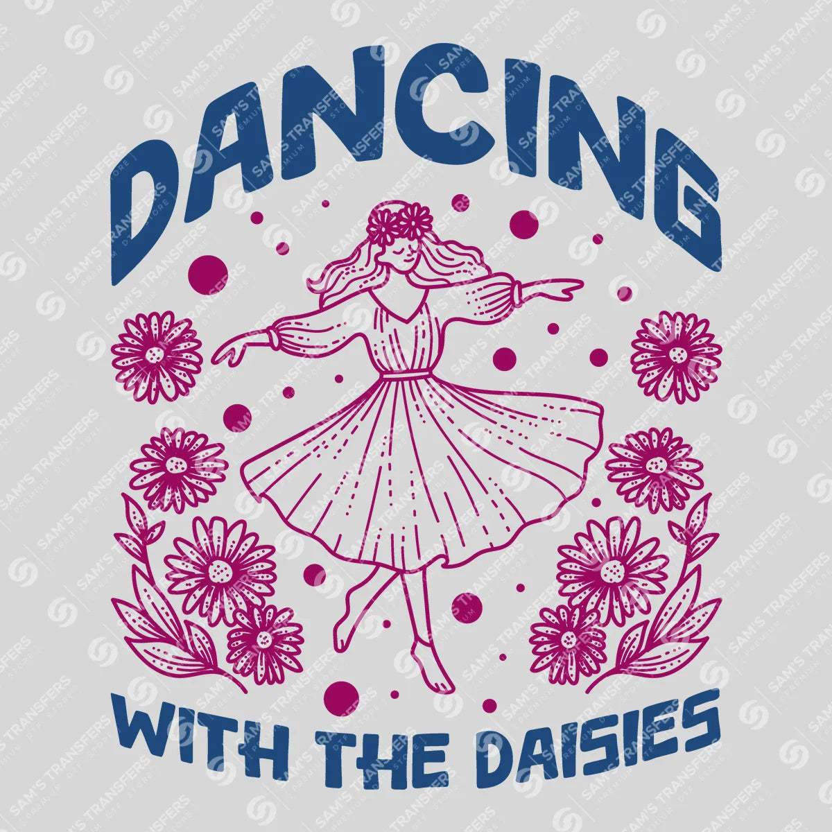 Apparel featuring a Dancing with the Daisies-themed DTF transfer.