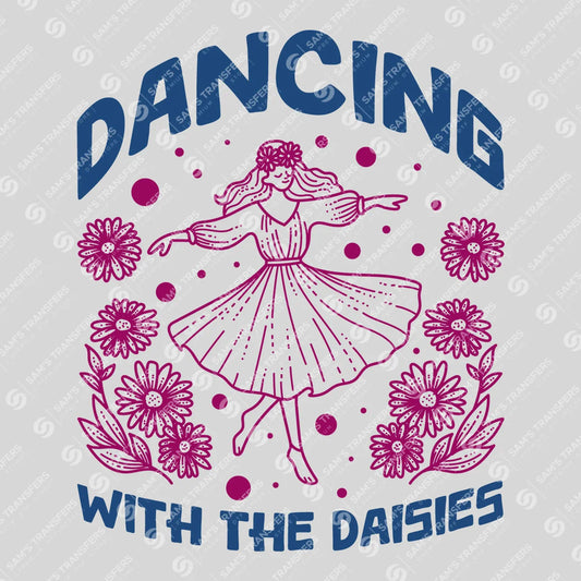 Apparel featuring a Dancing with the Daisies-themed DTF transfer.