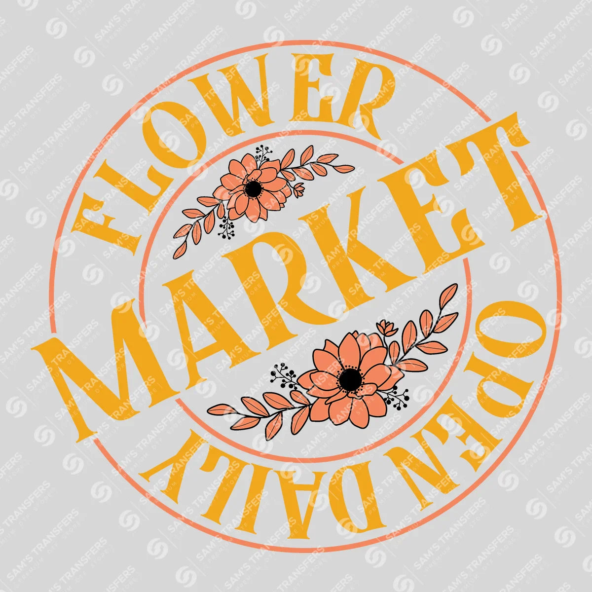 Apparel featuring a Flower Market Open Daily-themed DTF transfer.
