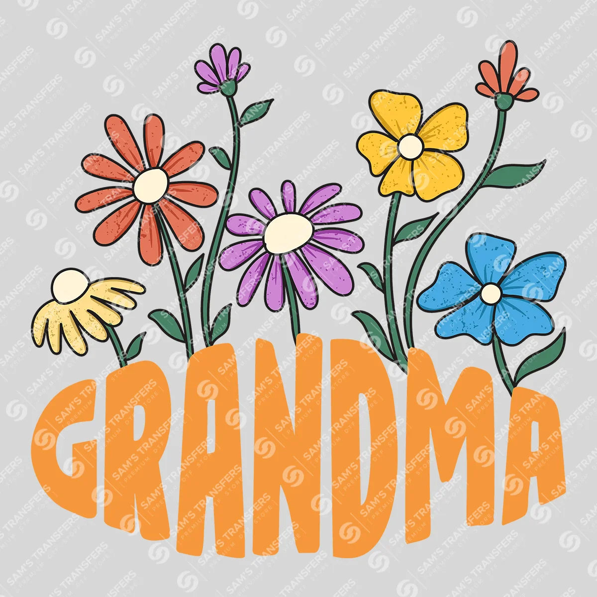 Apparel featuring a Grandma Wildflowers-themed DTF transfer.