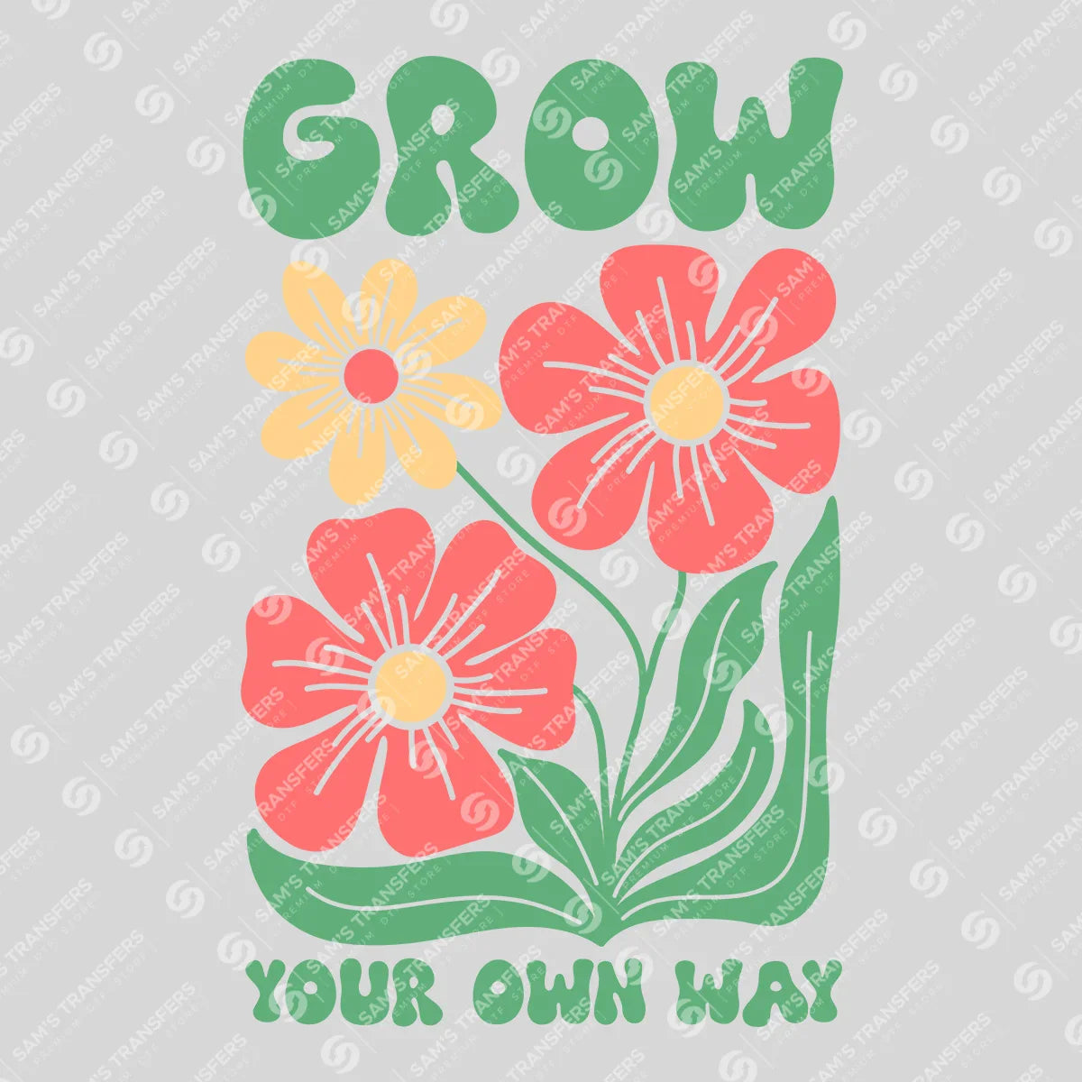 Apparel featuring a Grow Your Own Way-themed DTF transfer.