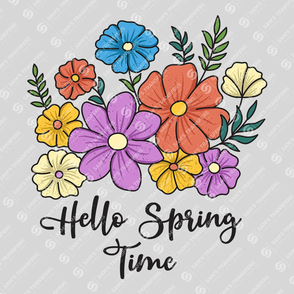 Apparel featuring a Hello Spring Time-themed DTF transfer.