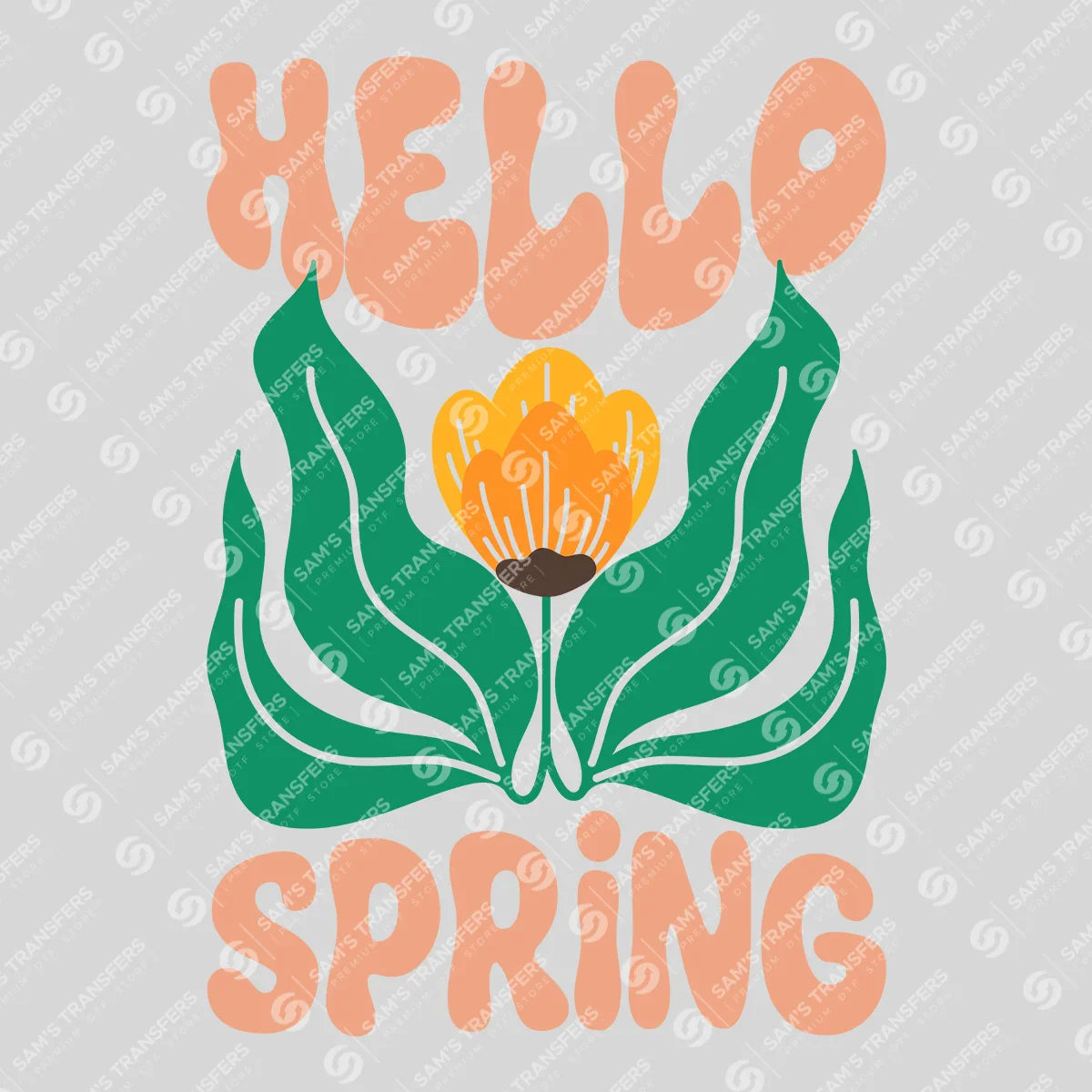 Apparel featuring a Hello Spring Tulip-themed DTF transfer.