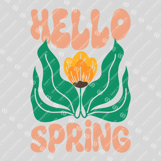 Apparel featuring a Hello Spring Tulip-themed DTF transfer.