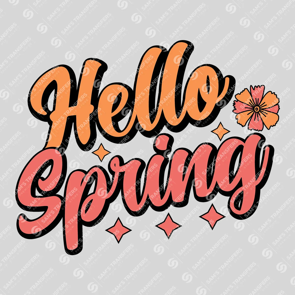 Apparel featuring a Hello Spring Retro-themed DTF transfer.