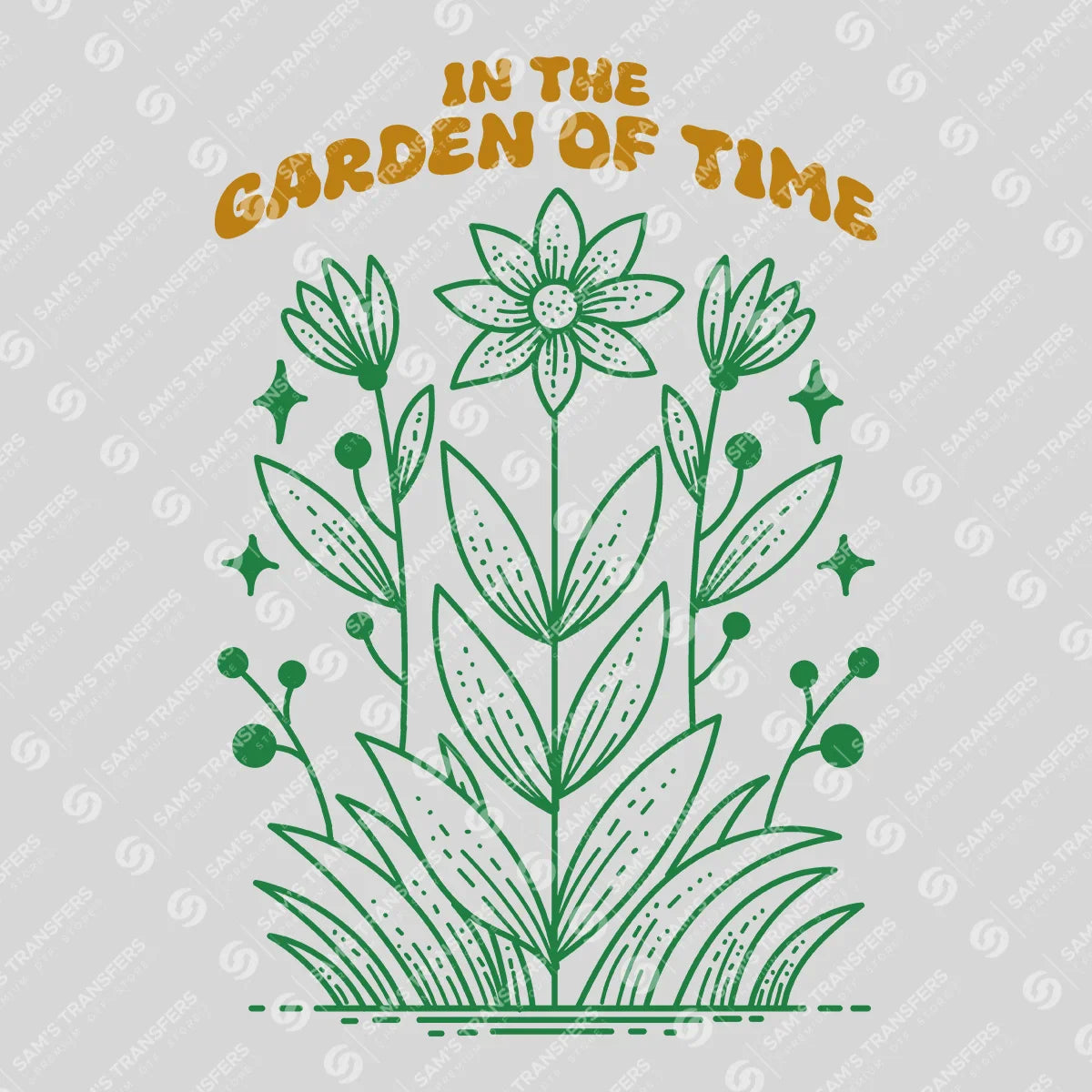 Apparel featuring a In the Garden of Time-themed DTF transfer.