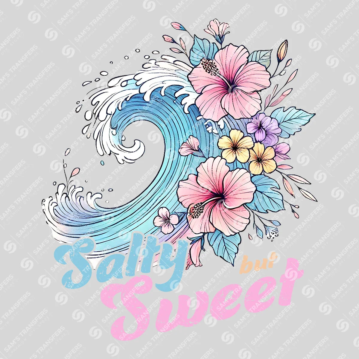 Apparel featuring a Salty But Sweet Hibiscus-themed DTF transfer.