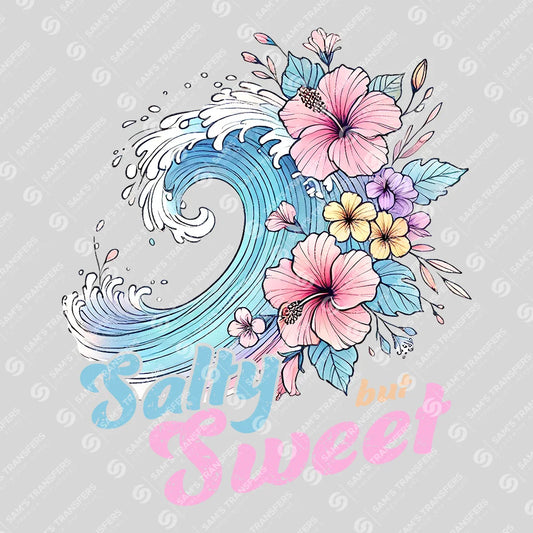Apparel featuring a Salty But Sweet Hibiscus-themed DTF transfer.