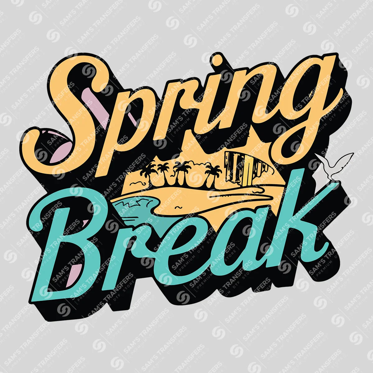Apparel featuring a Spring Break Retro Beach-themed DTF transfer.