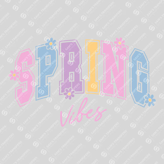 Apparel featuring a Spring Vibes Pastel Varsity-themed DTF transfer.