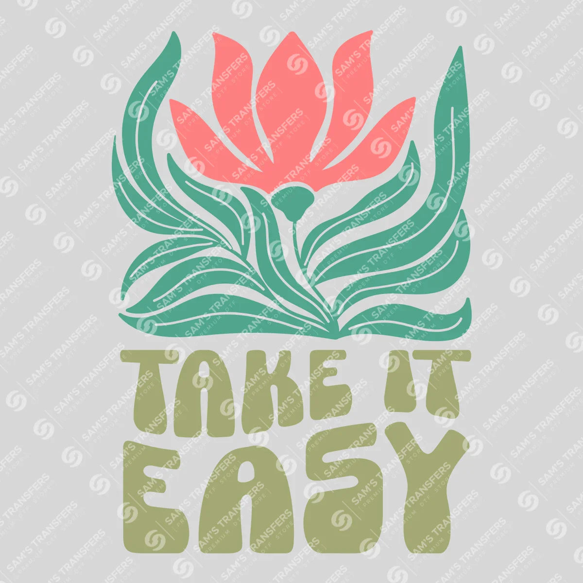Apparel featuring a Take It Easy Lotus-themed DTF transfer.