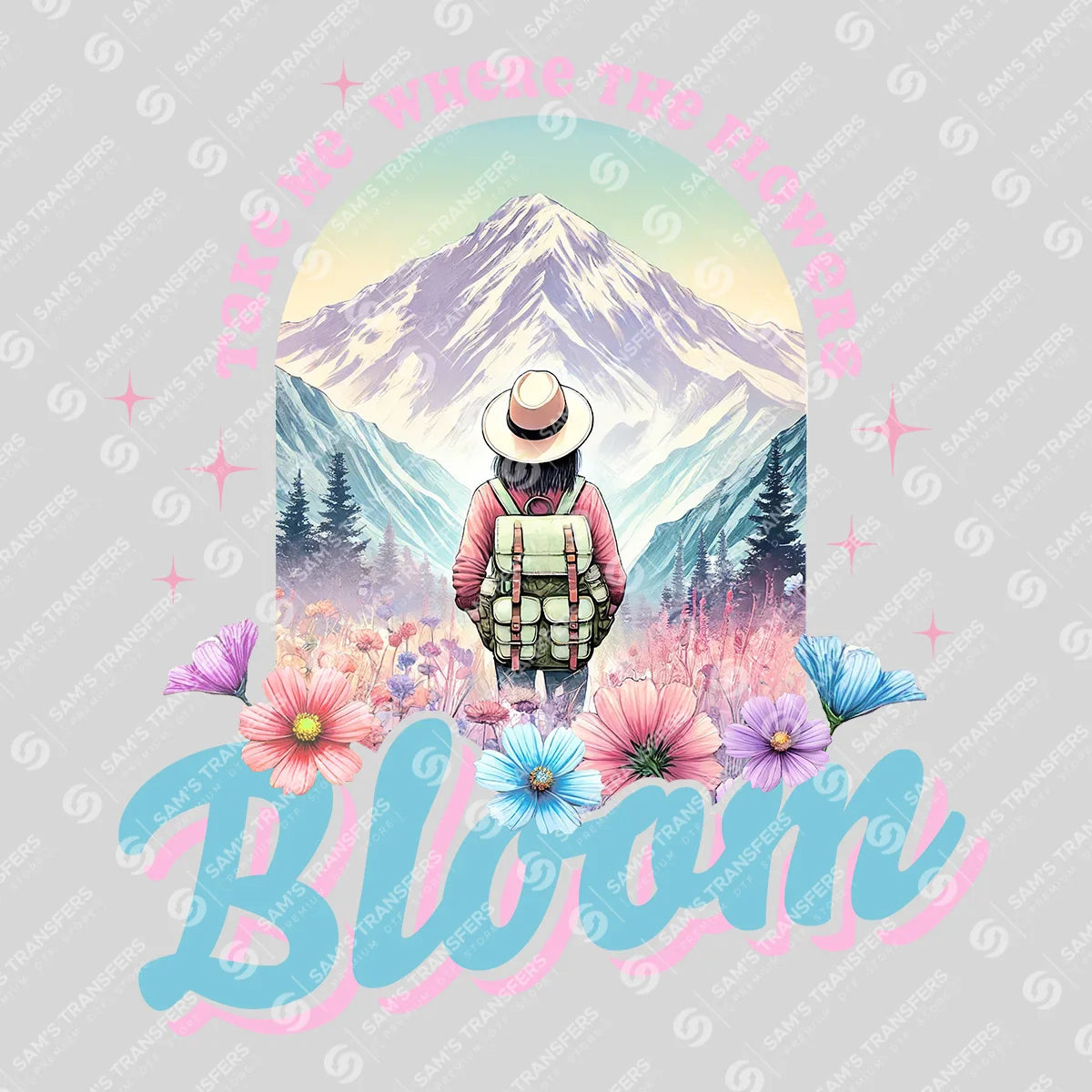 Apparel featuring a Bloom Mountain Hiker-themed DTF transfer.