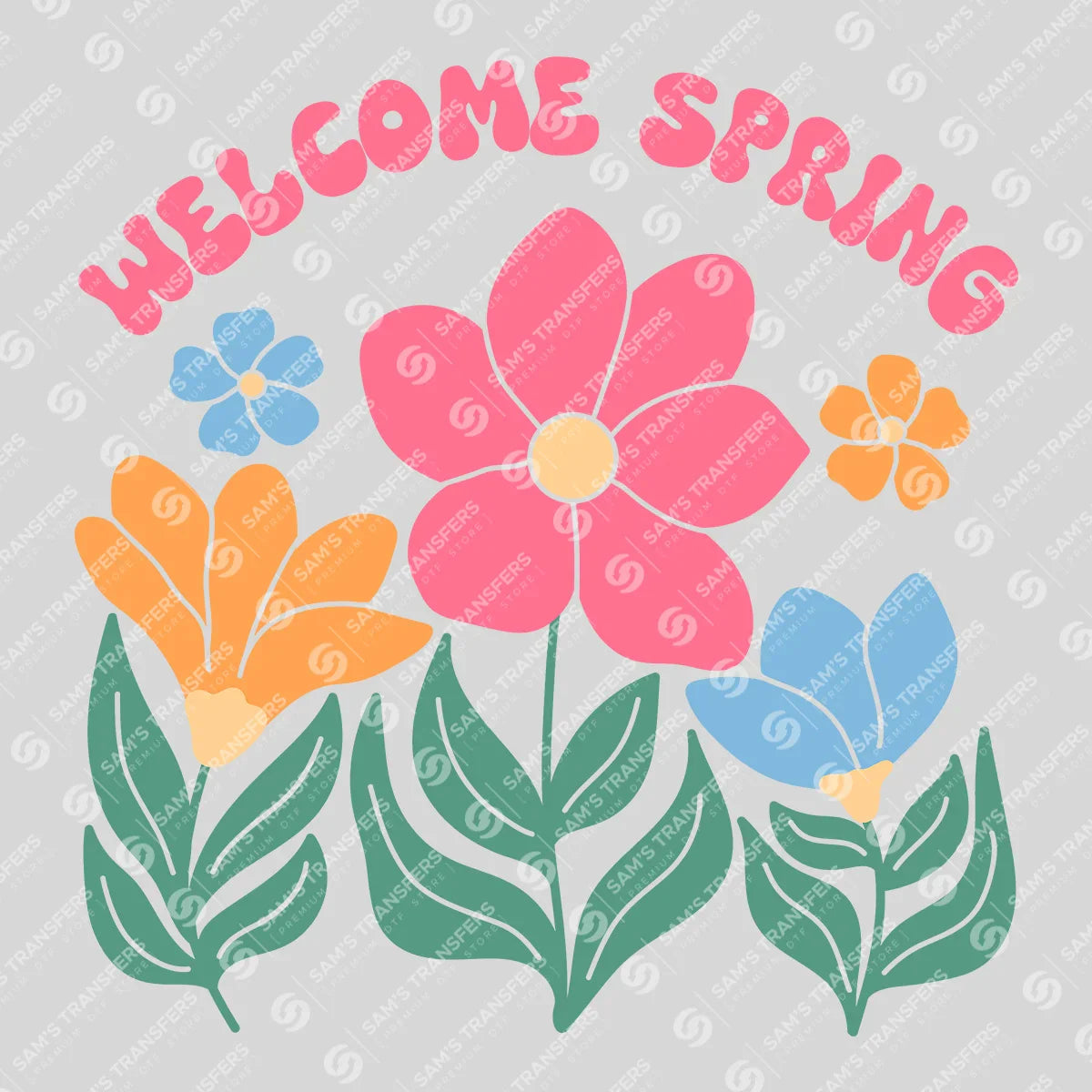 Apparel featuring a Welcome Spring Groovy Flowers-themed DTF transfer.