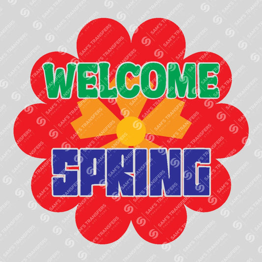 Apparel featuring a Welcome Spring Flower Power-themed DTF transfer.
