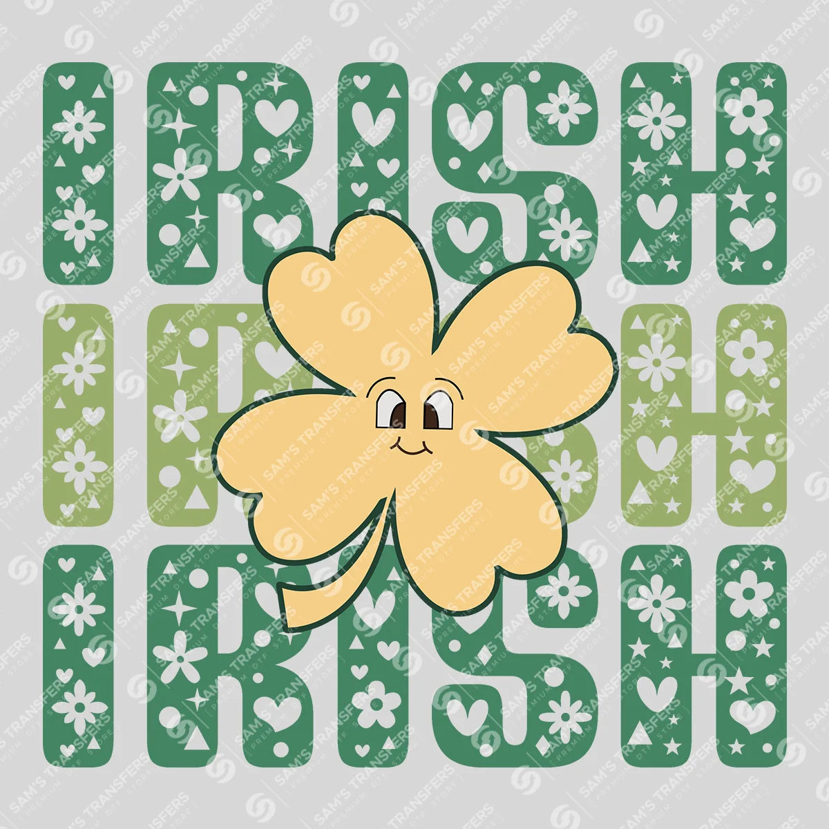 Apparel featuring a Retro Irish Shamrock Smiley-themed DTF transfer.