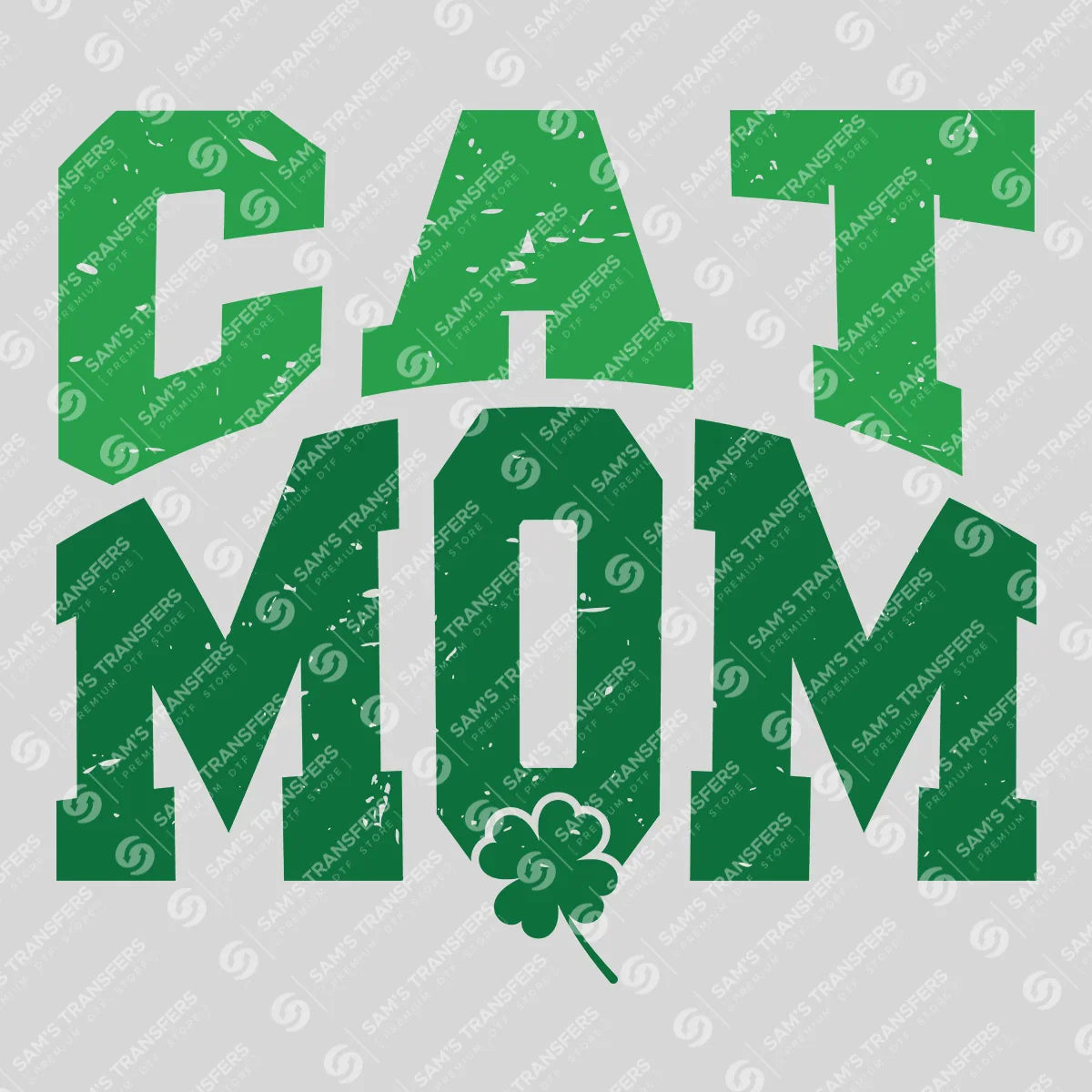 Apparel featuring a Cat Mom Clover Varsity-themed DTF transfer.