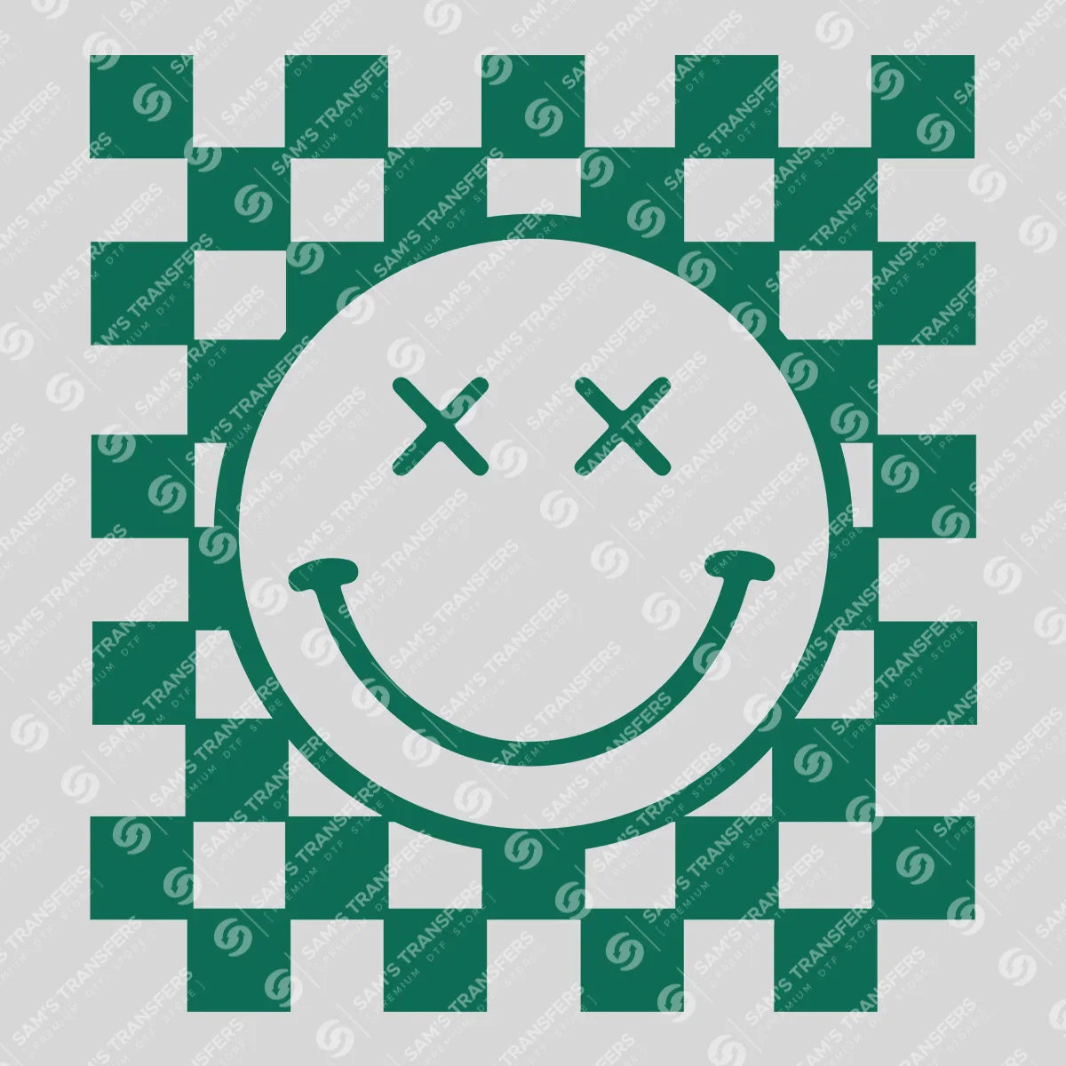 Apparel featuring a Checkered Smiley Face-themed DTF transfer.
